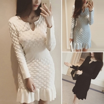 Elegant Solid Color Long Sleeve V-neck Flouncing Hem Knit Dress
