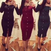 Sexy Slash Neck Long Sleeve Slit Hem Solid Color Sheath Dress