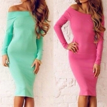 Sexy Off-shoulder Slash Neck Long Sleeve Solid Color Bodycon Dress