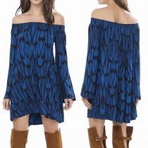 Sexy Slash Neck Long Sleeve Printed Dress