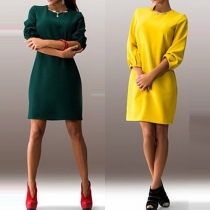 Elegant Solid Color Long Sleeve Round Neck Slim Fit Dress