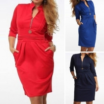 OL Style Solid Color Long Sleeve V-neck Slim Fit Dress