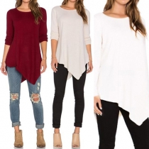Fashion Solid Color Long Sleeve Round Neck Irregular Hem T-shirt