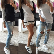 Fashion Contrast Color Long Sleeve Round Neck T-shirt