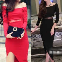 Sexy Off-shoulder Slash Neck See-through Lace Spliced Slit Hem Party Dress