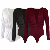Sexy Deep V-neck Long Sleeve Solid Color Swimwear Rompers 