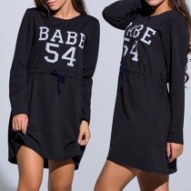 Fashion Letters Printed Long Sleeve Round Neck Gathered Waist T-shirt Dress