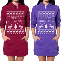 Fashion Long Sleeve Hooded Fawn Printed Sweatshirt Dress