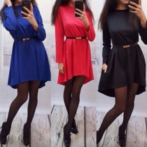 Fashion Solid Color Long Sleeve Round Neck Irregular Hem Dress