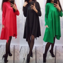 Fashion Solid Color Long Sleeve Round Neck Irregular Hem Loose Dress