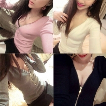 Sexy Zipper Deep V-neck Long Sleeve Solid Color T-shirt