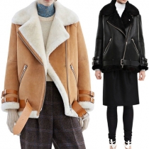 Fashion Long Sleeve Lapel Oblique Zipper Faux Suede Coat