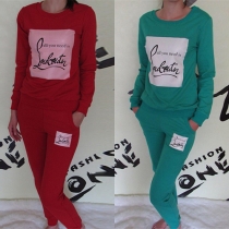 Fashion Contrast Color Letters Printed Long Sleeve Round Neck Sports Suit