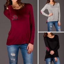 Fashion Plaid Spliced Long Sleeve Round Neck Irregular Hem T-shirt