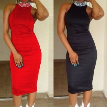 Ethnic Style Printed Turtleneck Sleeveless Sheath Dress