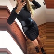 Fashion PU Leather Spliced Long Sleeve Round Neck Sheath Dress