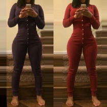 Fashion Solid Color Long Sleeve Round Neck Slim Fit Jumpsuits