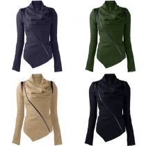 Fashion Solid Color Long Sleeve Cowl Neck Irregular Hem Coat