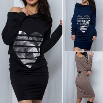 Sexy Off-shoulder Long Sleeve Heart Printed Slim Fit Dress
