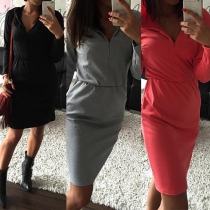 Fashion Solid Color Long Sleeve Hooded Slim Fit Dress