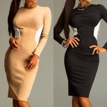 Sexy Backless Long Sleeve Round Neck Contrast Color Party Dress