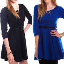 Fashion Solid Color 3/4 Sleeve Round Neck High Waist Dress