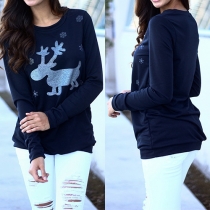 Fashion Long Sleeve Round Neck Fawn Printed T-shirt