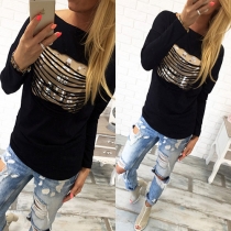 Fashion Long Sleeve Round Neck Bronzing Printed T-shirt