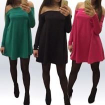 Sexy Slash Neck Long Sleeve Solid Color Loose Dress