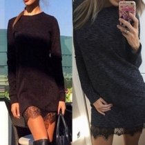 Fashion Long Sleeve Round Neck Lace Spliced Hem Dress
