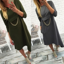 Fashion Solid Color 3/4 Sleeve Round Neck Irregular Hem Dress
