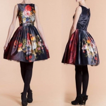 Fashion Sleeveless Round Neck High Waist Printed Tutu Dress
