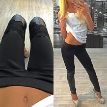 Fashion PU Leather Spliced High Waist Stretch Pencil Pants