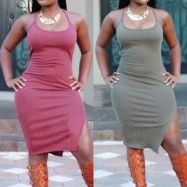 Sexy Backless Slit Hem Round Neck Solid Color Bodycon Dress