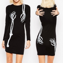 Fashion Long Sleeve Round Neck Skull Printed Dress
