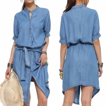 Fashion Stand Collar Half Sleeve Irregular Hem Denim Dress