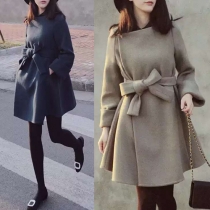 Fashion Solid Color Long Sleeve Woolen Coat with Waist Strap