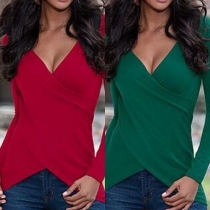 Sexy Deep V-neck Long Sleeve Irregular Hem Solid Color T-shirt