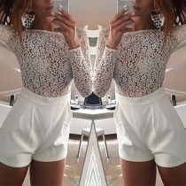 Sexy See-through Lace Spliced Long Sleeve Round Neck Rompers