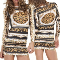 Fashion Long Sleeve Round Neck Printed Sheath Dress