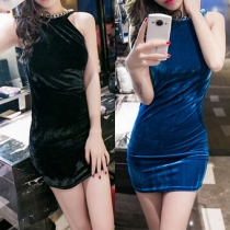 Sexy Beaded Backless Sleeveless Round Neck Bodycon Dress