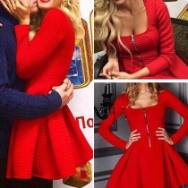 Elegant Solid Color Long Sleeve U-neck High Waist Dress