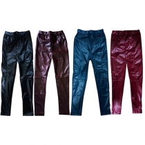 Fashion Solid Color High Waist Slim Fit PU Leather Pants