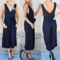 Sexy Backless Deep V-neck Sleeveless Solid Color Jumpsuits