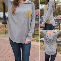 Fashion Contrast Color Long Sleeve Hooded Irregular Hem T-shirt