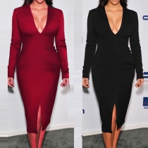 Sexy Deep V-neck Slit Hem Long Sleeve Solid Color Bodycon Dress