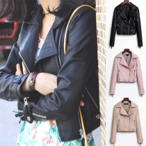 Fashion Solid Color Long Sleeve Lapel PU Leather Jacket