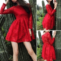 Sexy Long Sleeve Round Neck High Waist See-through Lace Dress
