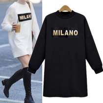 Fashion Letters Printed Long Sleeve Round Neck Loose Sweatshirt Dress