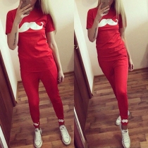 Fashion Mustache Pattern Short Sleeve Round Neck Sports Suit